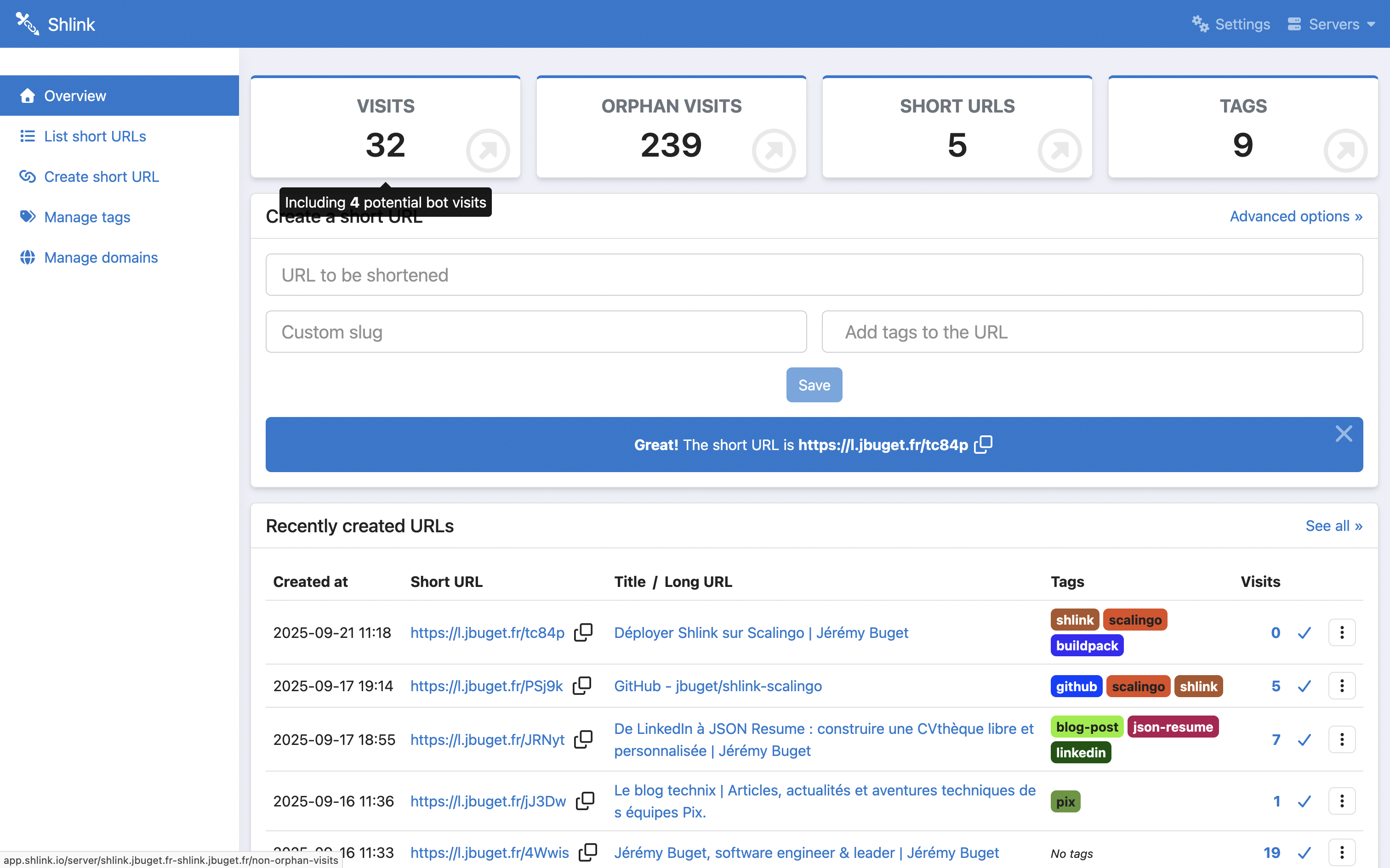 Dashboard Shlink pour le domaine l.jbuget.fr