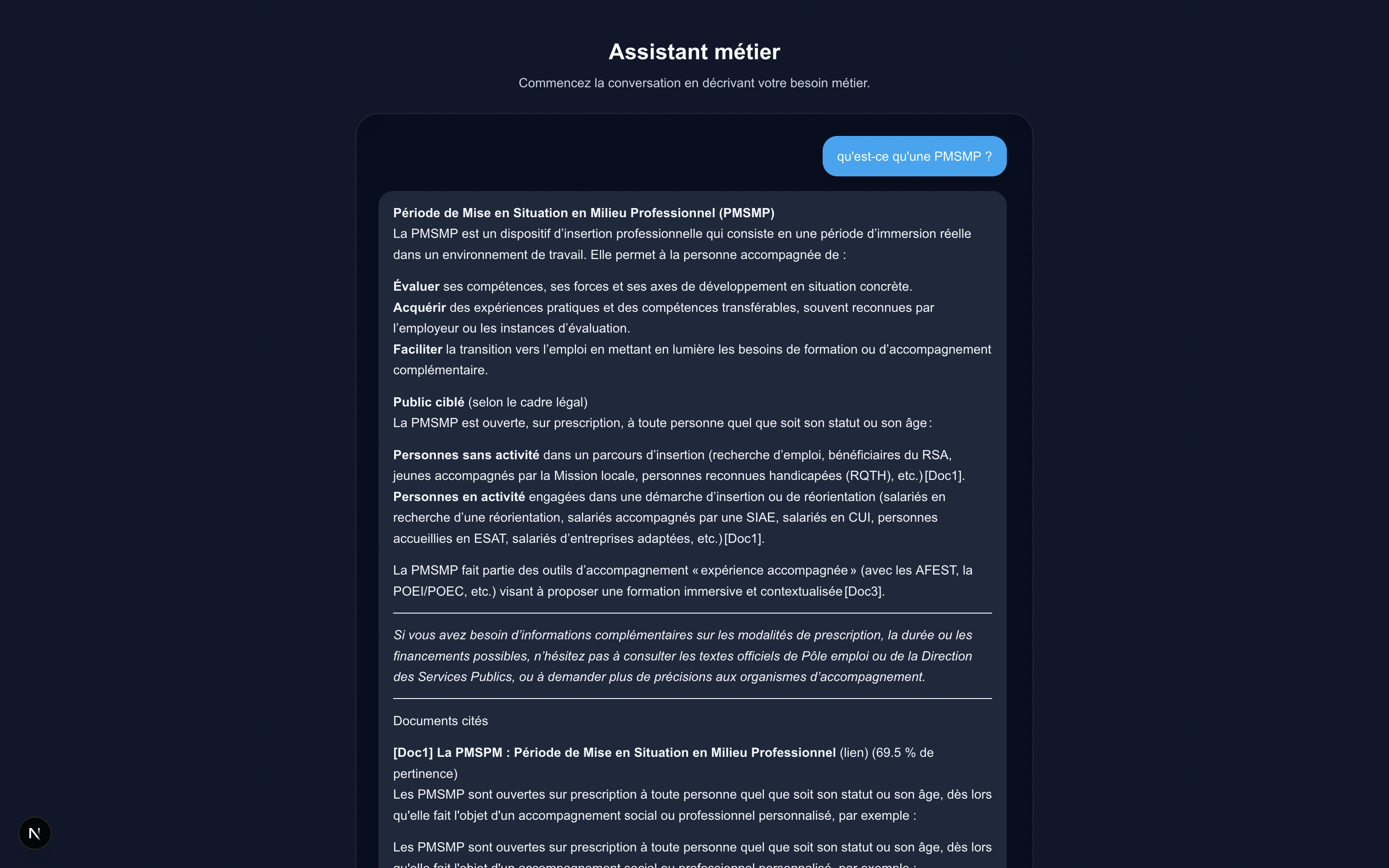 Capture d’écran du chatbot (question + réponse)